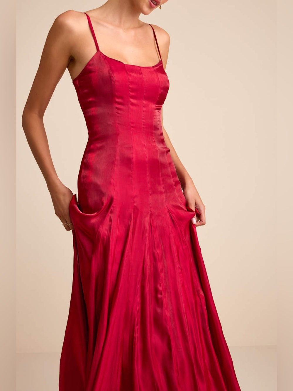 LULUS Pleated Satin Organza Drop Waist Cherry Red Y2K Wedding Guest Dress M - Picture 6 of 8